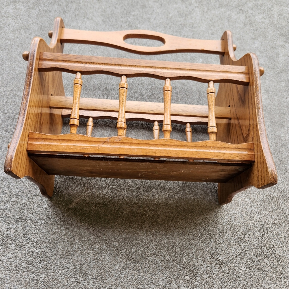 Vintage Wooden Magazine Rack Farmhouse Cottage Rustic Spindles Handle Rare